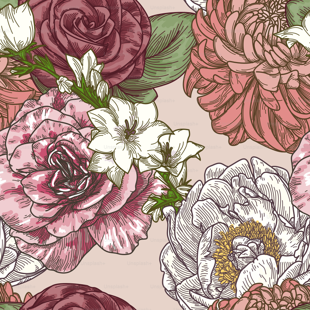 An old-fashioned style seamless floral pattern with big blooms of peonies, chrysanthemums, roses and clematis'.