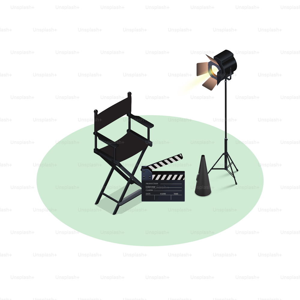 Vector Director's Set.Director cadeira, bullhorn e clapboard. Visão Isométrica.