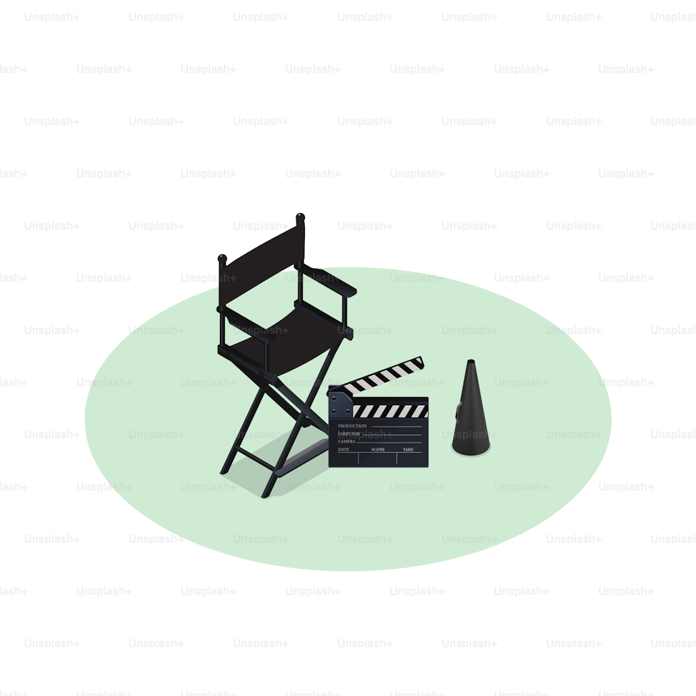 Vector Director's Set.Director silla, megáfono y claqueta. Vista isométrica.