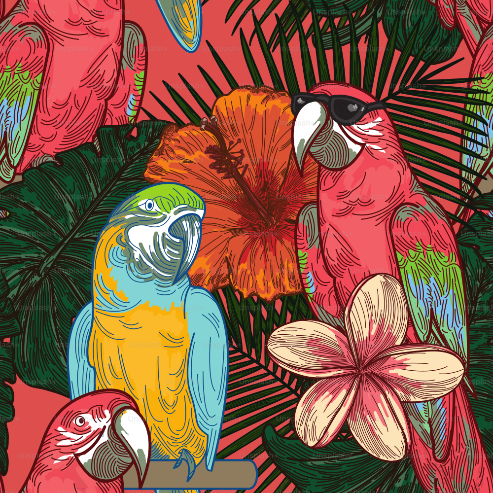 Just some super cool parrots sitting in the branches of some flowering tropical trees.