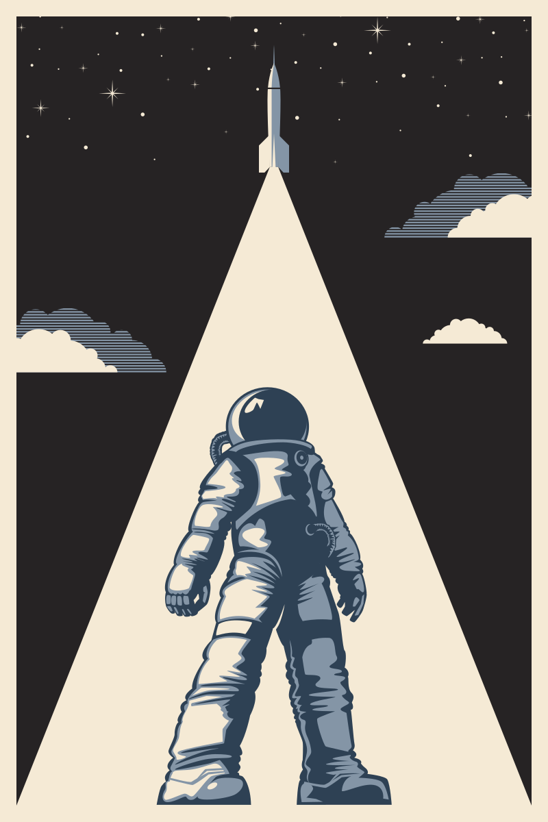 Astraonaut in spacesuit against background with starting space shuttle