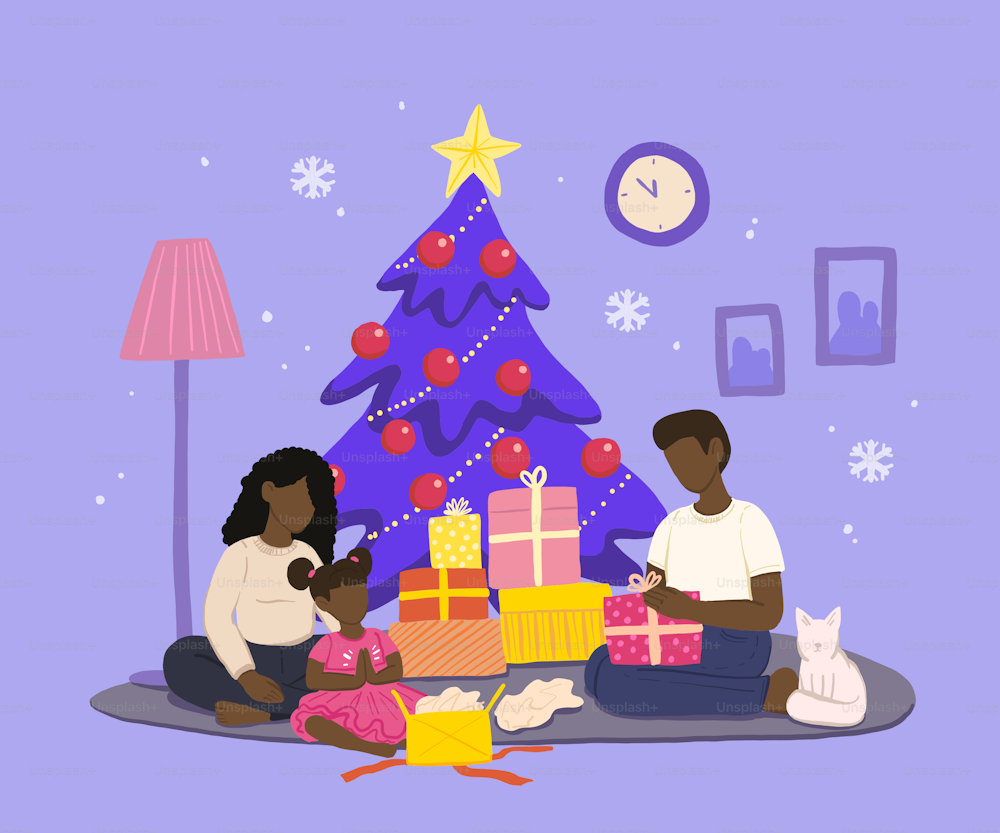Mom, dad, daughter and cat sit on a cozy carpet near the Christmas tree and unpack presents. Paintings and clocks are hanging on the wall in the room, and there is a floor lamp next to it. The Christmas tree is decorated with toys and a star on top. African american family.