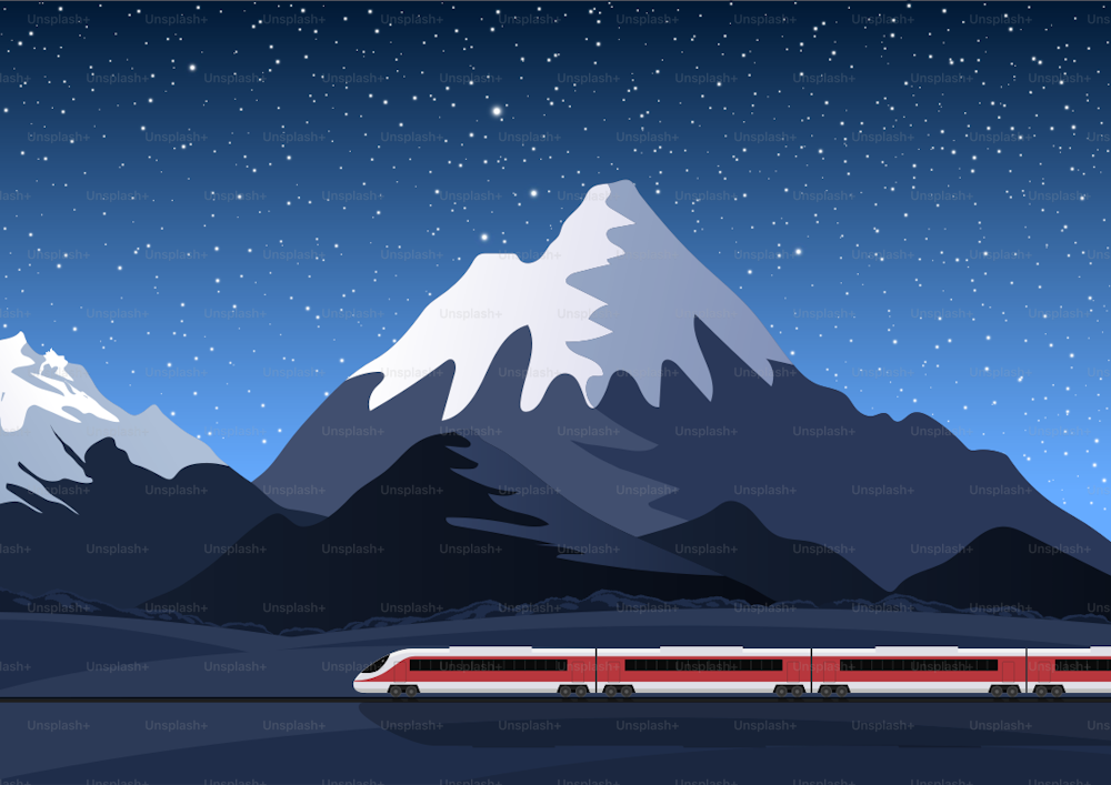 A train rushing by against a mountain and starry night sky
