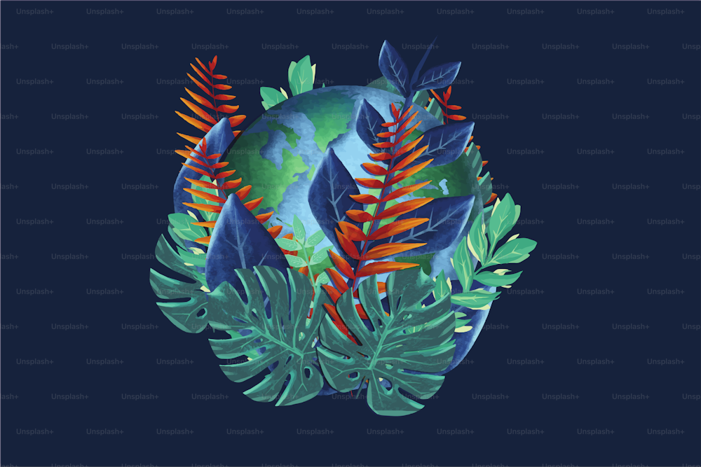 Illustration of planet Earth covered with tropical leaves on a blue background
