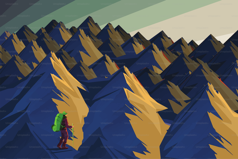 Illustration of a mountains landscape, little house and a hiker at night