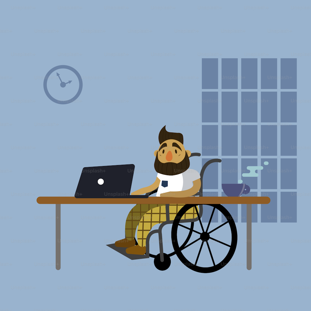 An illustration of a disabled man sitting in a wheelchair at the desk with laptop. Blue background. Freelancer or student.