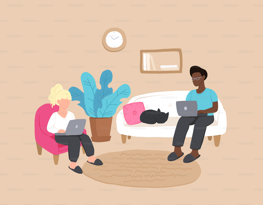 Work at home in home office. Vector illustration.