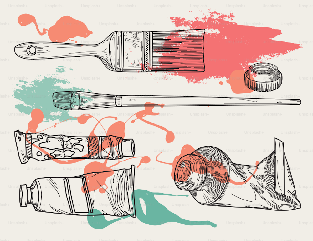 A set of line artwork paintbrushes, paint tubes and paint to use in your design!