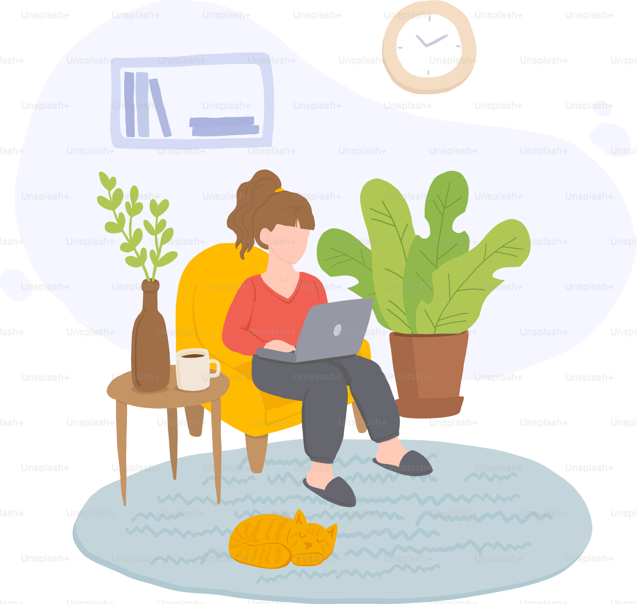 Las mujeres trabajan desde casa en la oficina en casa. Ilustración vectorial.