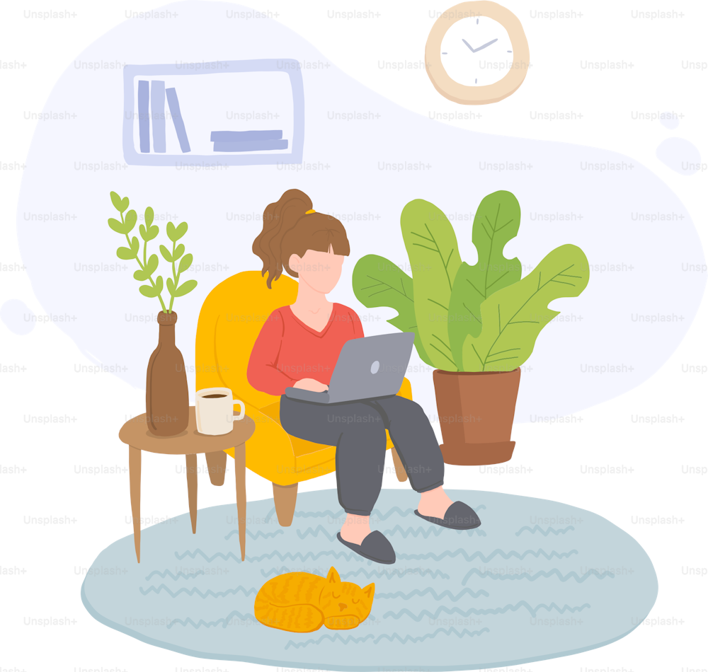 Women Work at home in home office. Vector illustration.