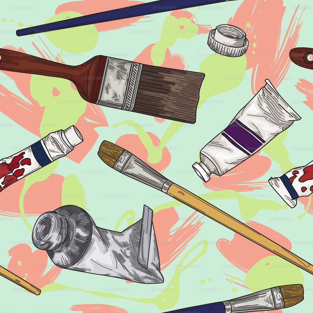Some painting and art supplies juxtaposed against a brushy background to use whenever you need an arty seamless pattern!