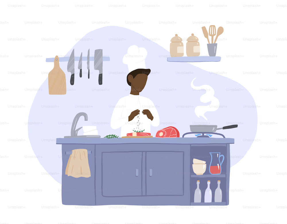 African-American cook in the kitchen prepares the meat. Vector illustration.
