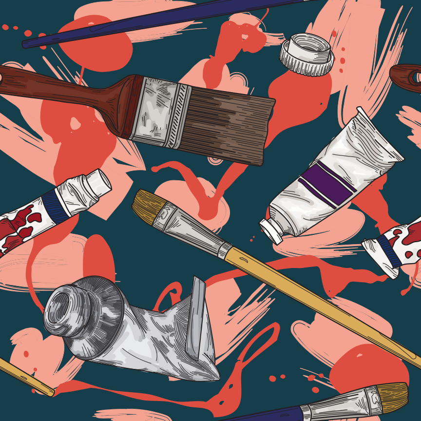 Some painting and art supplies juxtaposed against a brushy background to use whenever you need an arty seamless pattern!