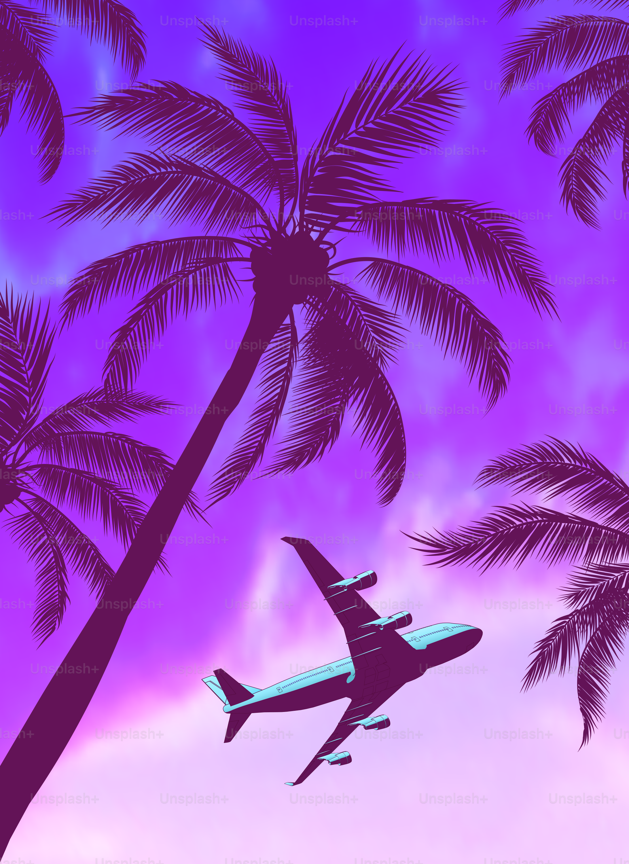 Avión de pasajeros sobre palmeras con un hermoso atardecer azul, verde amarillo. Ilustración vectorial.