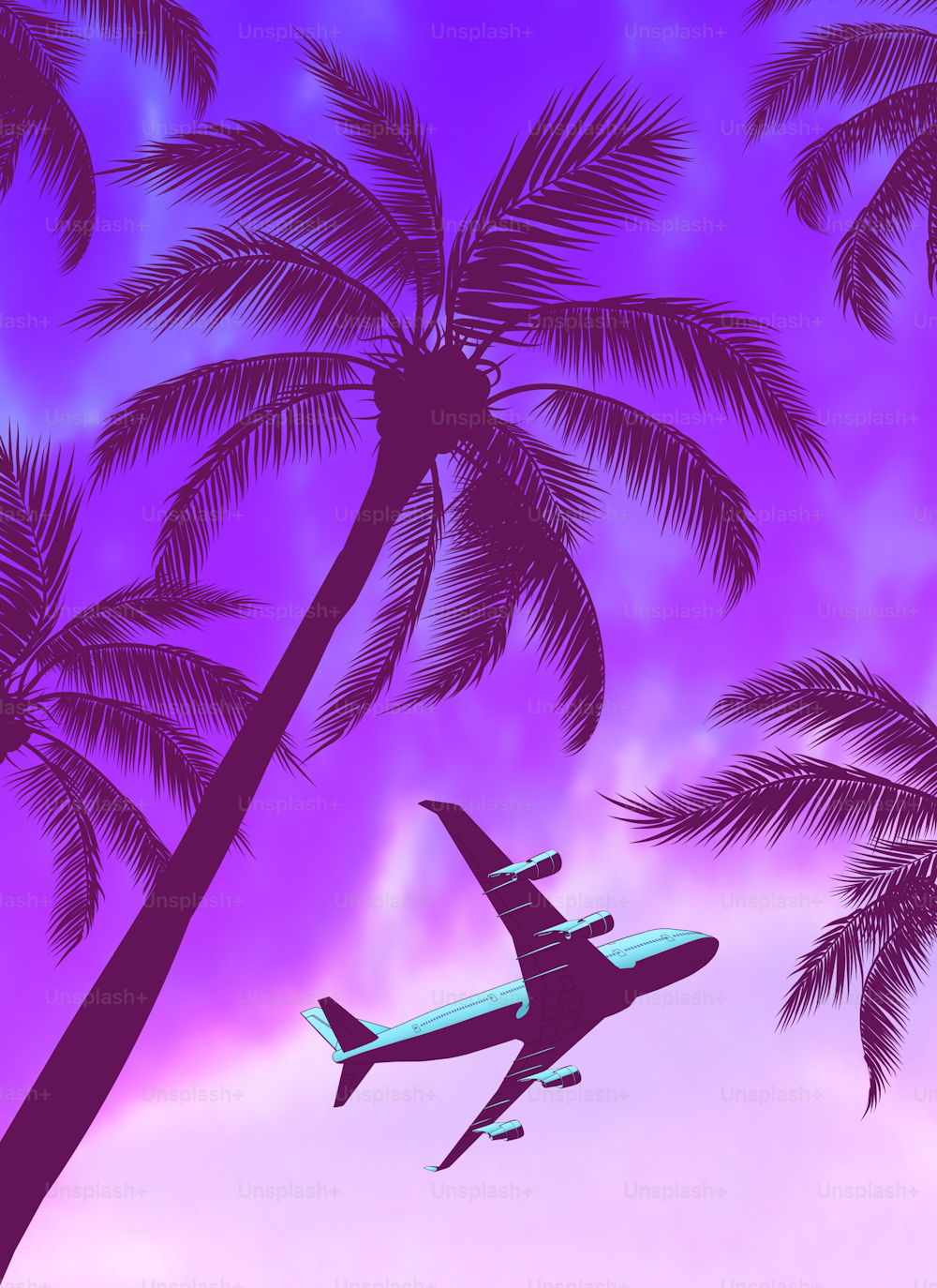 Passenger airplane over palm trees with beautiful blue green yellow sunset. Vector illustration.