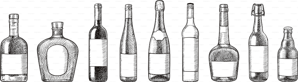 Bocetos de botellas de alcohol variadas: whisky, coñac, vino, champán, vodka, calvados, cerveza.