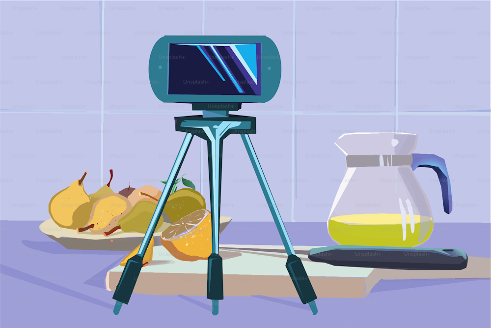 Téléphone portable sur un trépied. Passer un appel vidéo depuis la cuisine tout en préparant des fruits et une limonade