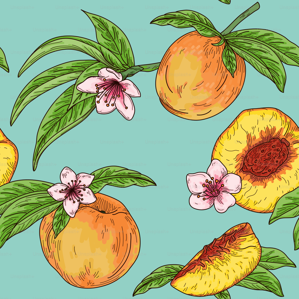 Gorgeous highly detailed line art vintage style seamless peach pattern with leaves and blossoms. Perfect for fabric, wallpaper or anything that needs a summery flair.