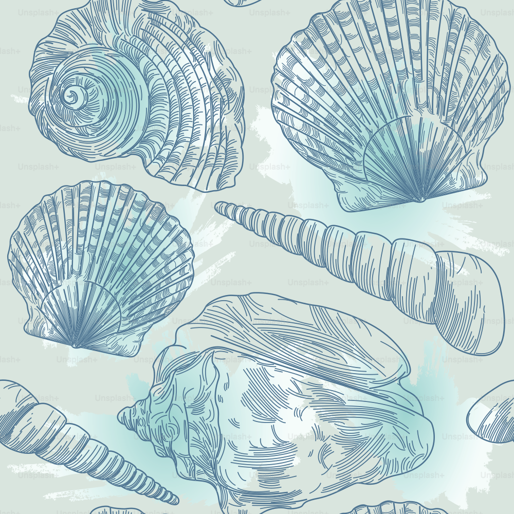 A summery seamless seashell pattern set up on a splashy watercolor backdrop.