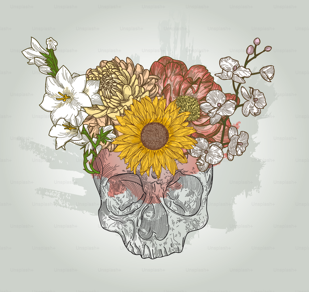 Line artwork of a detailed skull, topped with various flowers.