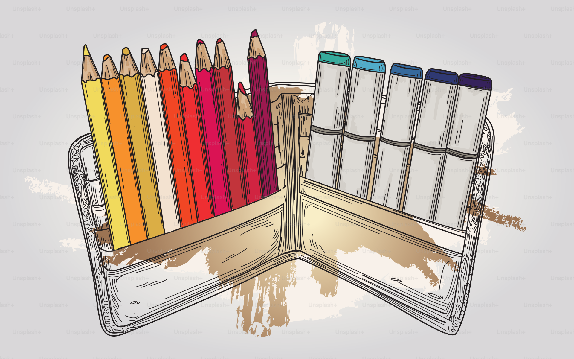 Un portefeuille créatif rempli de crayons, de marqueurs et d’outils d’artiste.
