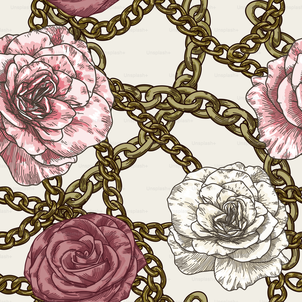 Un elegante patrón de cadena barroco retro de finales de los 80 y principios de los 90 con rosas esponjosas.