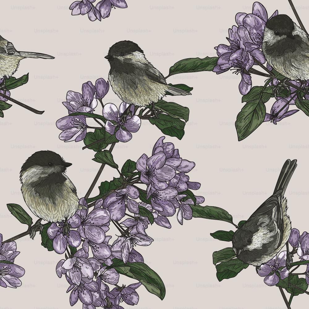 A seamless repeating pattern of adorable black-capped chickadees perched on fruit blossom trees.