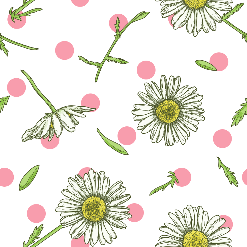A lighthearted and delicate scattered spring daisy pattern on top of a dainty polka dot background.