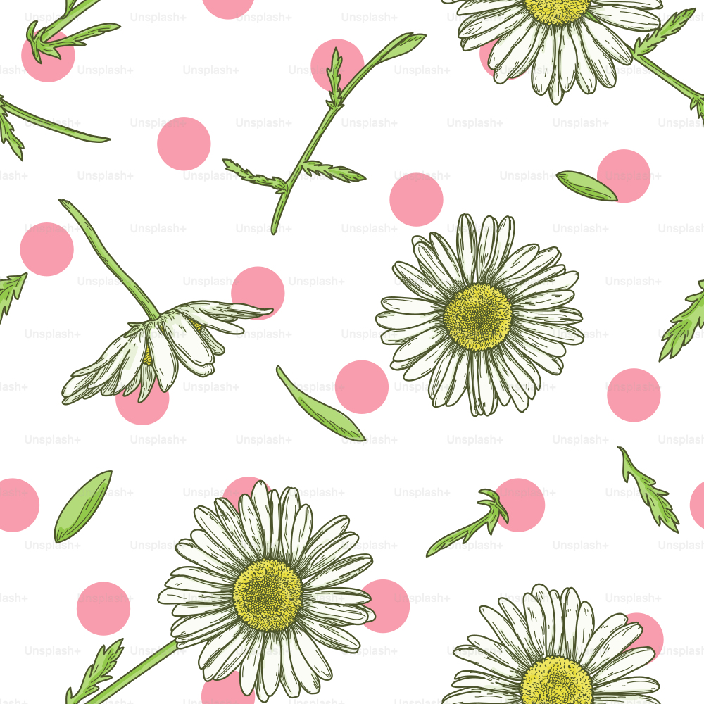 A lighthearted and delicate scattered spring daisy pattern on top of a dainty polka dot background.