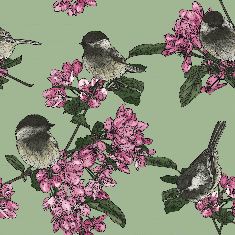 A seamless repeating pattern of adorable black-capped chickadees perched on fruit blossom trees.