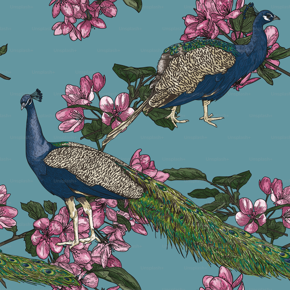 Detailed line art of peacocks and crabapple tree blossoms adorn this seamless pattern in a vintage style. Global colours, easy to change.