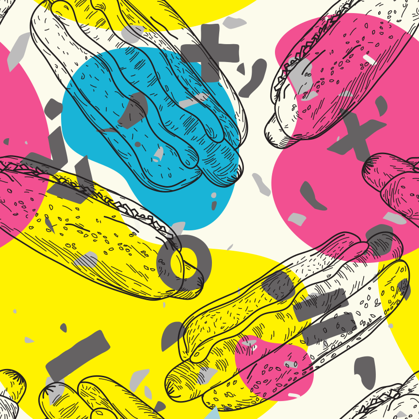 Un divertido patrón retro de perritos calientes sin costuras para usar en cualquier diseño chulo.