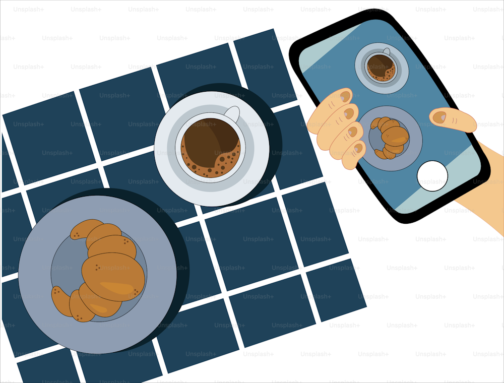 Un'illustrazione di una mano con uno smartphone che fotografa un caffè e un croissant. Foto della colazione.