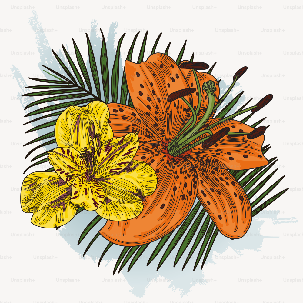 Un couple de lys lumineux et colorés sur une feuille de palmier et un fond éclaboussant à l’aquarelle. Floral printanier et tropical tout en un.