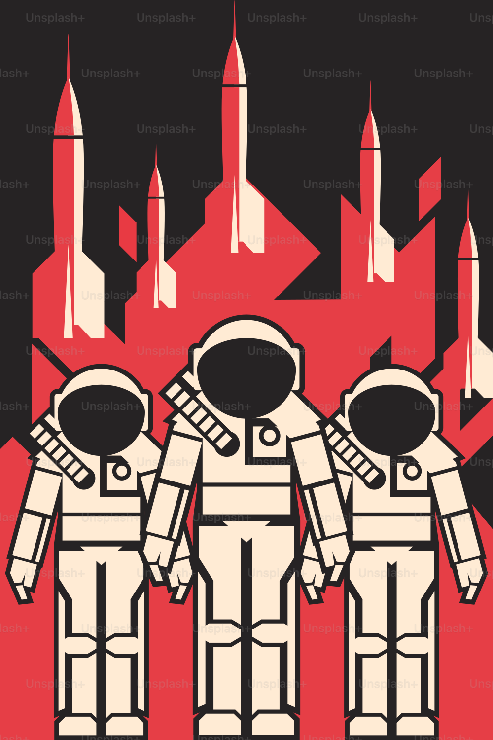 Tres astraonautas en trajes espaciales contra el fondo con transbordadores espaciales listos para comenzar
