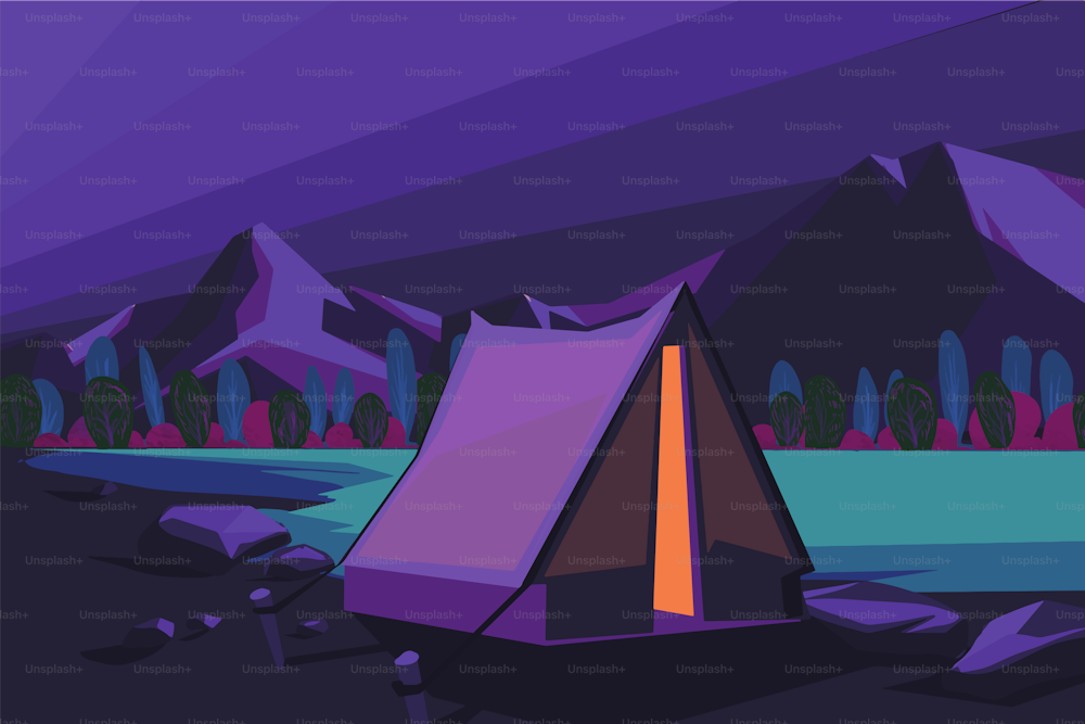 Illustration of a camping tent on a mountain at night