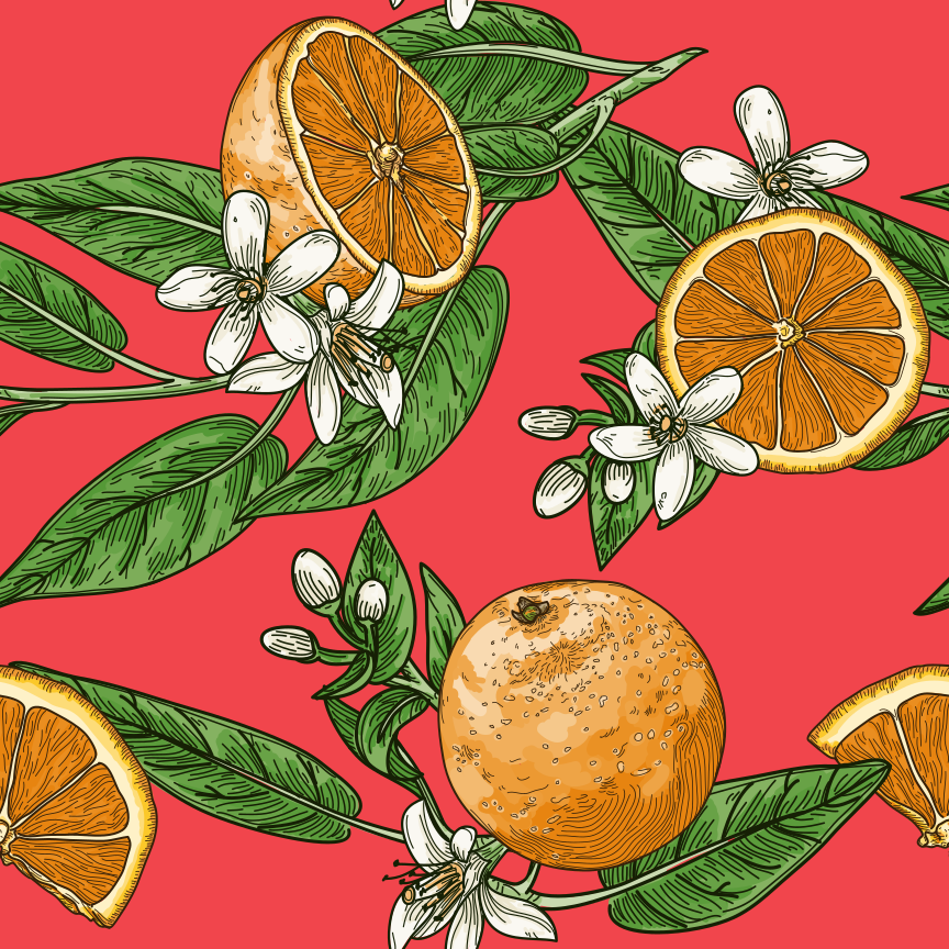 Repeating seamless pattern of oranges, orange slices, leaves and blossoms in a vintage retro style