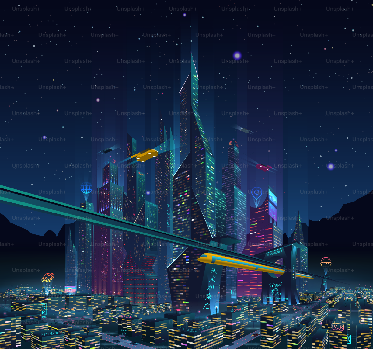 A view of the fantastic night city of the future with neon lights, billboards, advertising light signs, flying cars and starry sky on background.