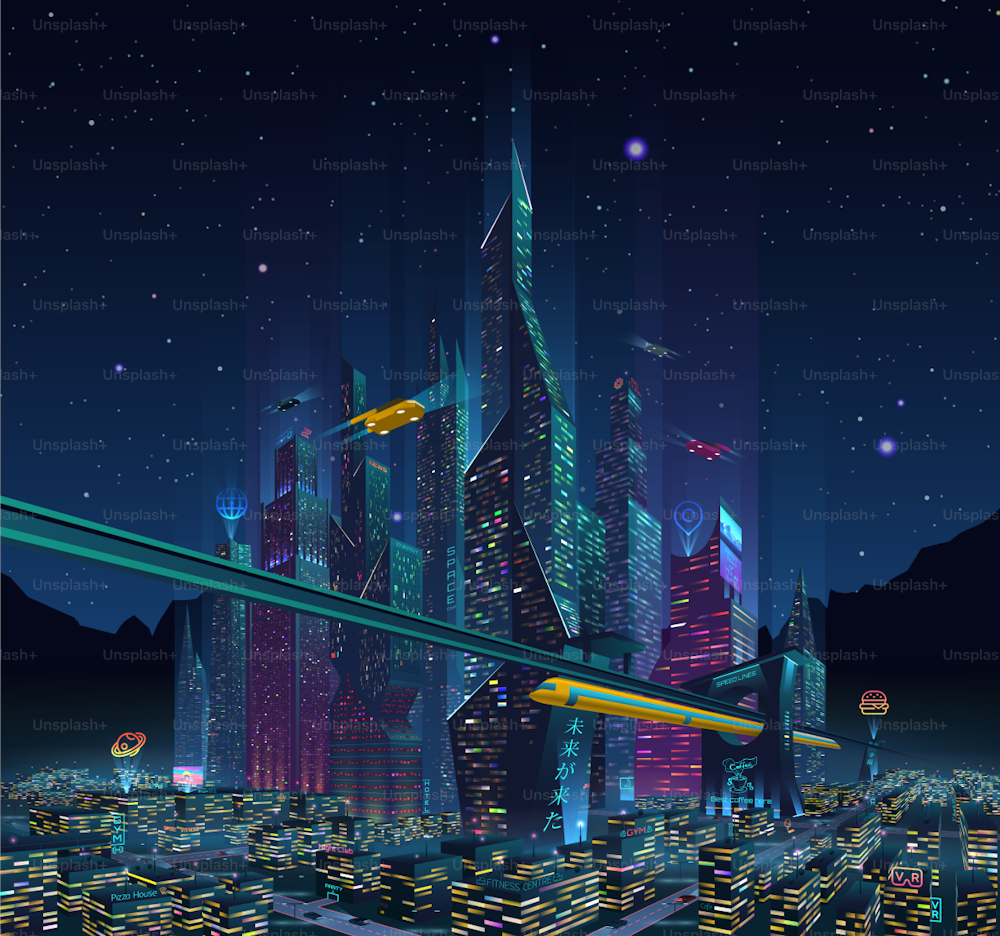 Una vista de la fantástica ciudad nocturna del futuro con luces de neón, vallas publicitarias, letreros luminosos publicitarios, autos voladores y cielo estrellado de fondo.