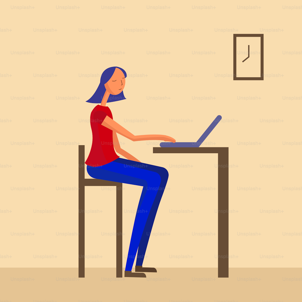 An illustration of a woman sitting at the desk with a laptop. Freelancer or a student.
