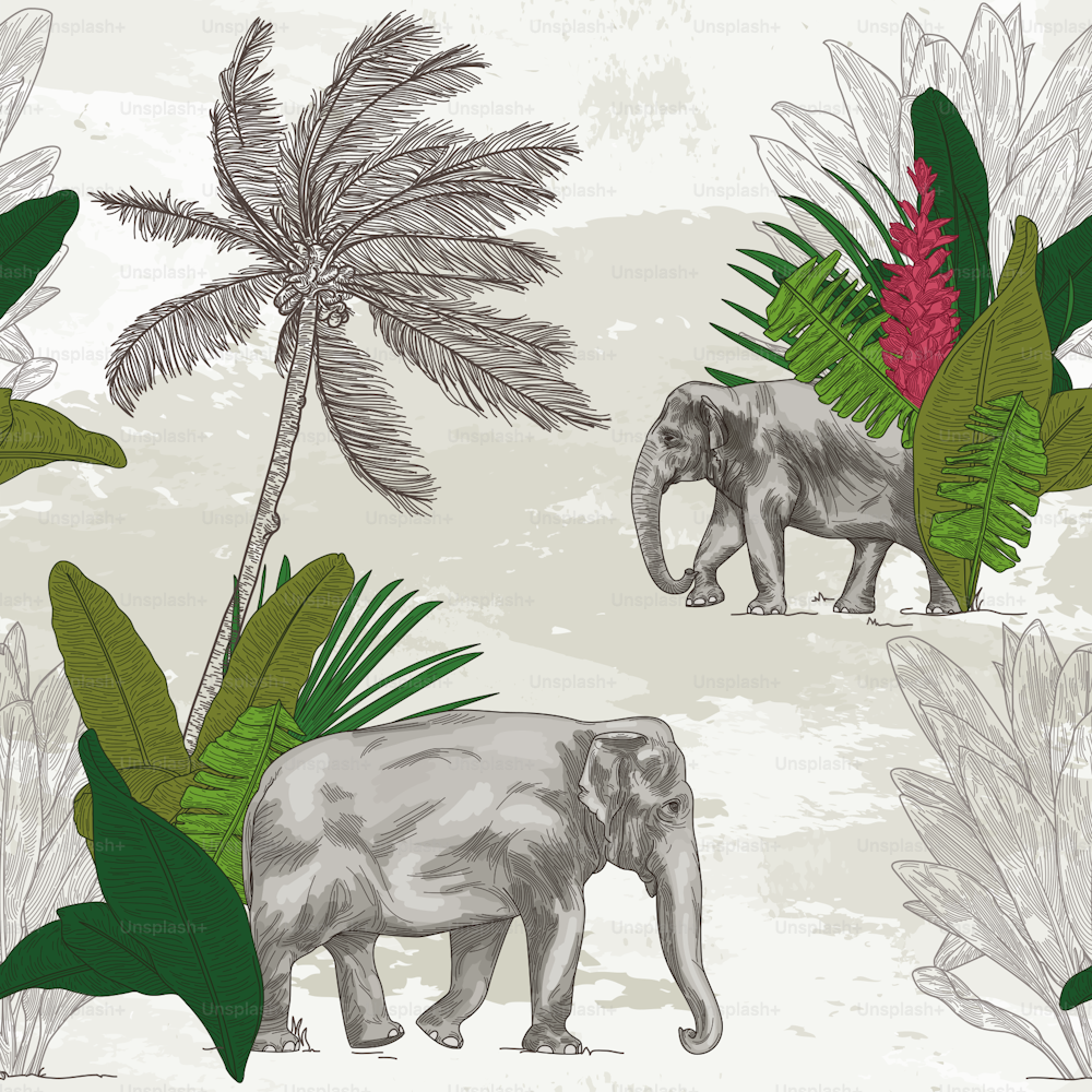 Una detallada modernización del lineart del papel pintado colonial británico con planos tropicales y elefantes asiáticos sobre un fondo de acuarela.