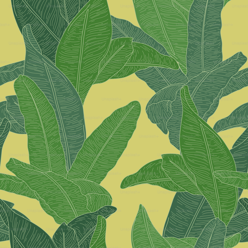 Ein nahtloses grünes Bananenblattmuster, inspiriert von der berühmten Martinique-Tapete aus Beverly Hills.