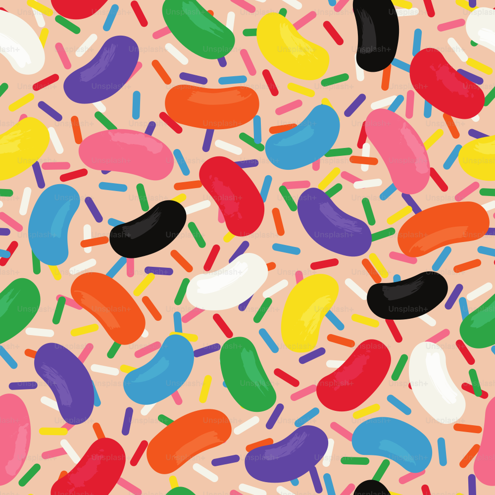 A bright, simple and sweet rainbow jellybean and sprinkles candy seamless pattern.