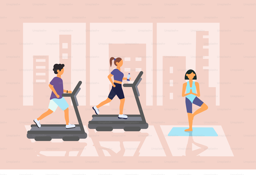 Sports and Fitness Gym. Vector illustration. People jogging on treadmill, cardio exercise, yoga.