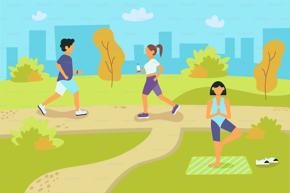 Healthy lifestyle, sports and fitness in the park. Vector illustration.