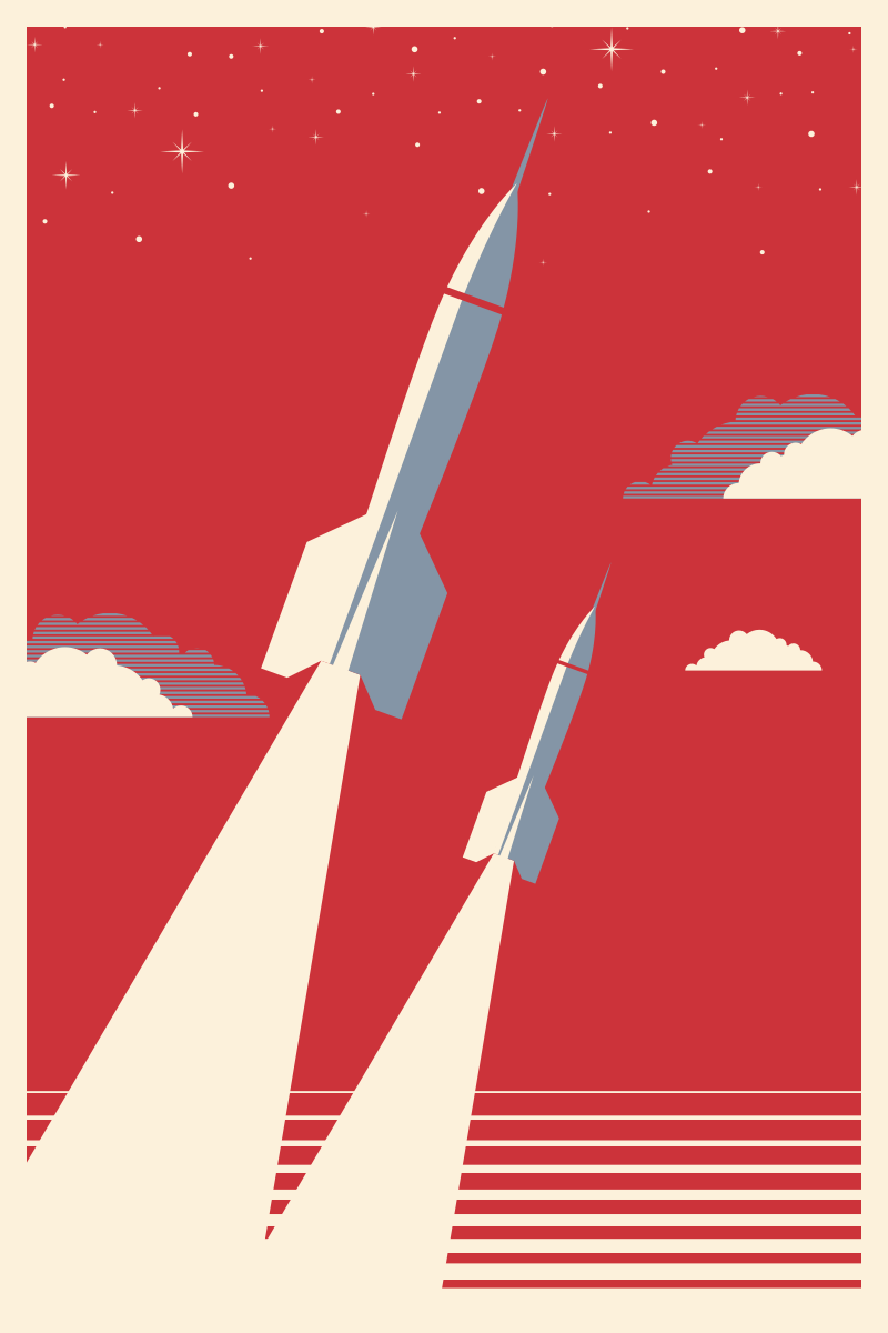 Two space shuttles against red sky with white clouds