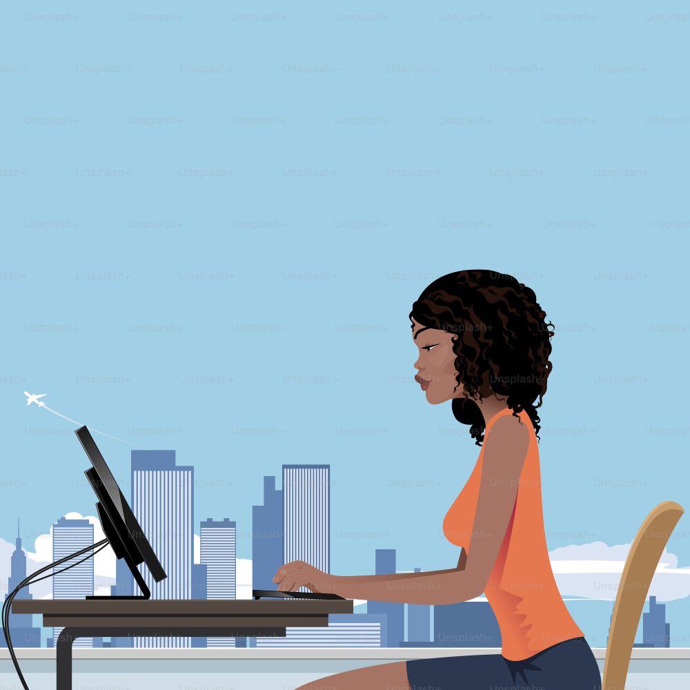 Young woman at work against big city background