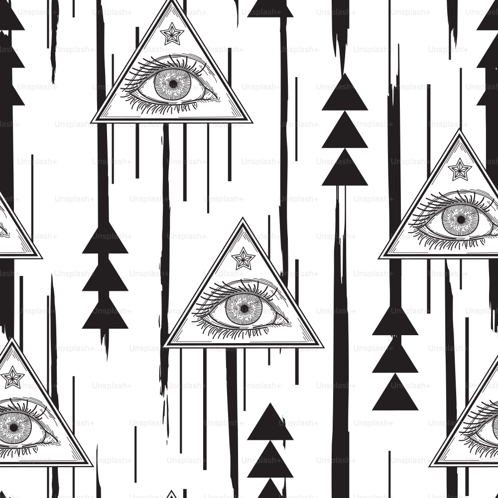 A simple, creepy pattern with line artwork of an eye in a triangle. Symbol for fortune telling in a simple pattern.