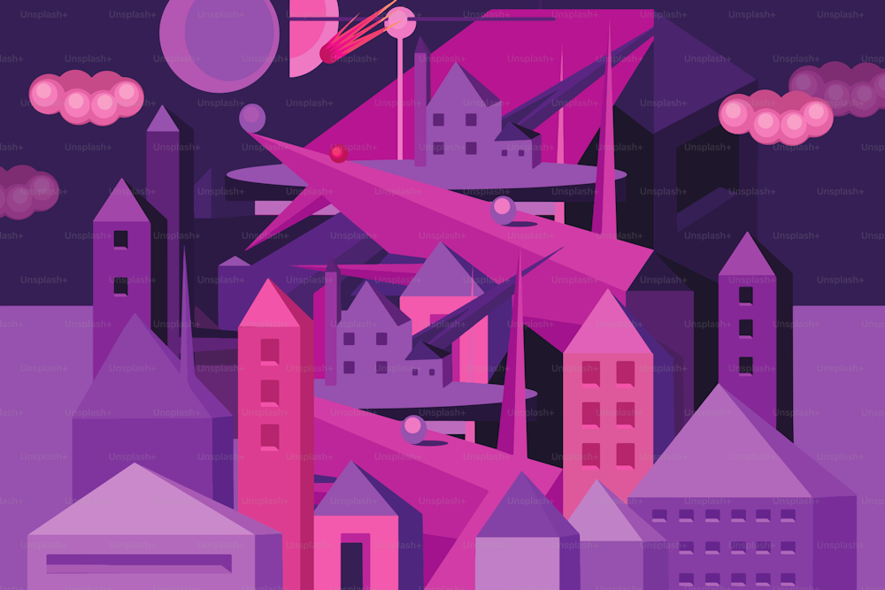 Illustration einer lila Stadt der Zukunft