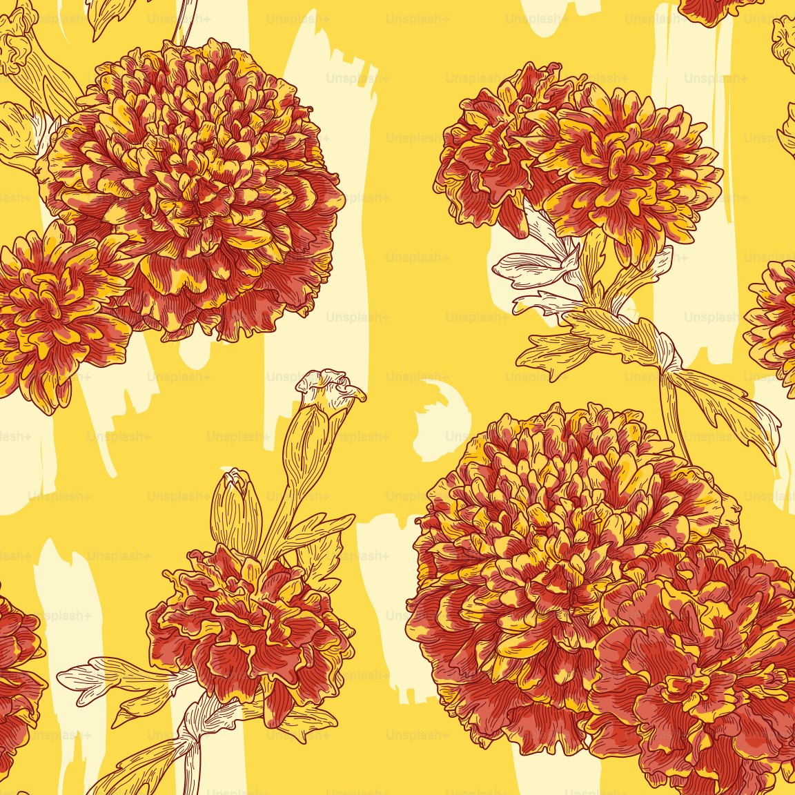 Arte detalhada da linha de flores, caules e folhas de calêndula em um fundo de pincelada, formando um padrão sem costura.